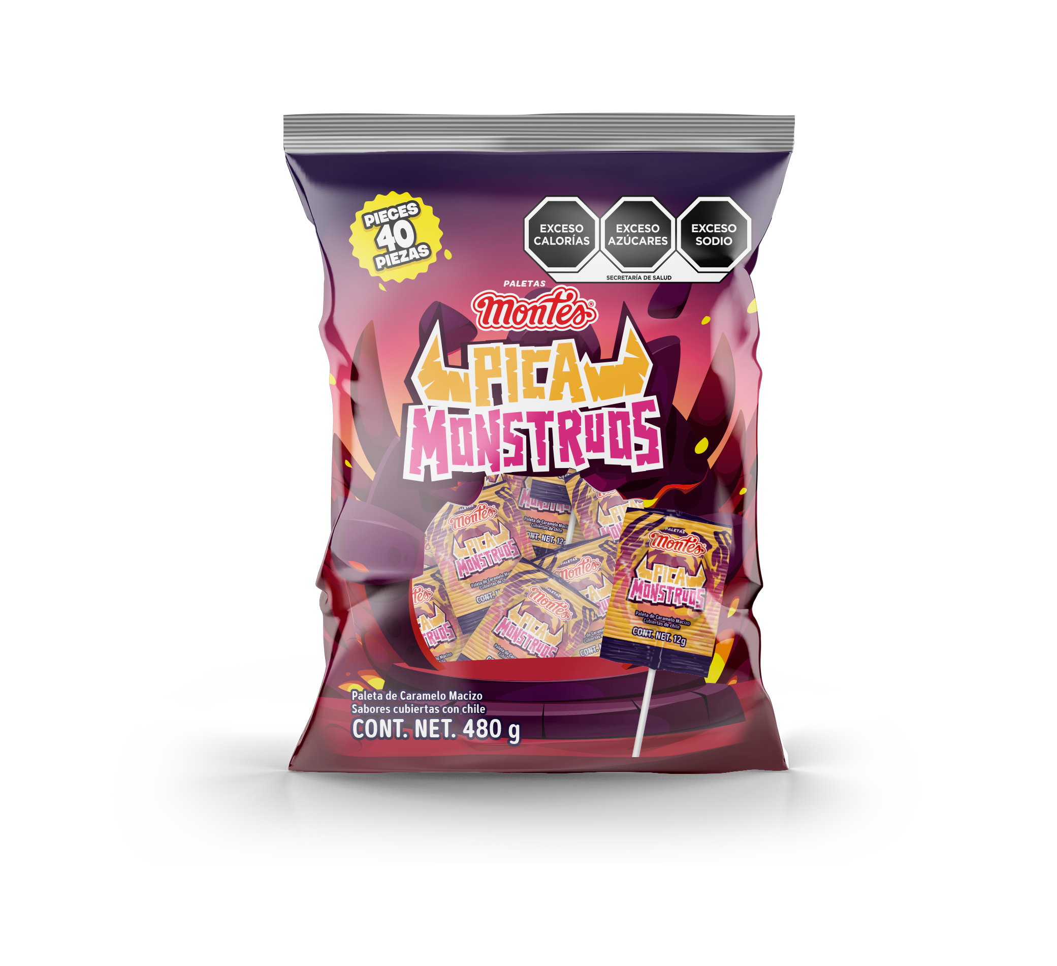 PALETA PICA MONSTRUOS 40 PZS DULCES MONTES