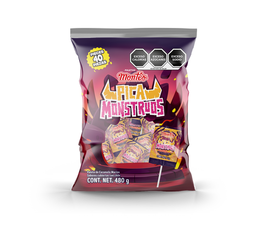 PALETA PICA MONSTRUOS 40 PZS DULCES MONTES